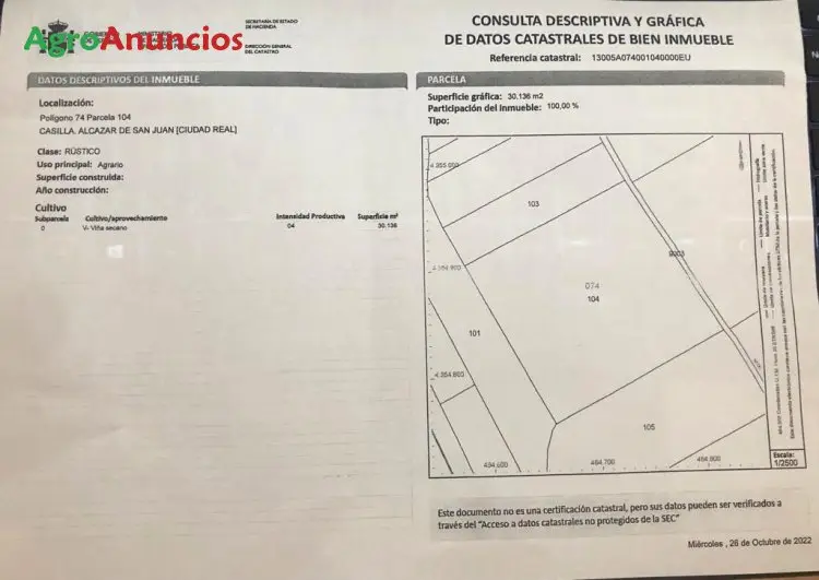 Venta  de Finca de viñedo de secano en Ciudad Real