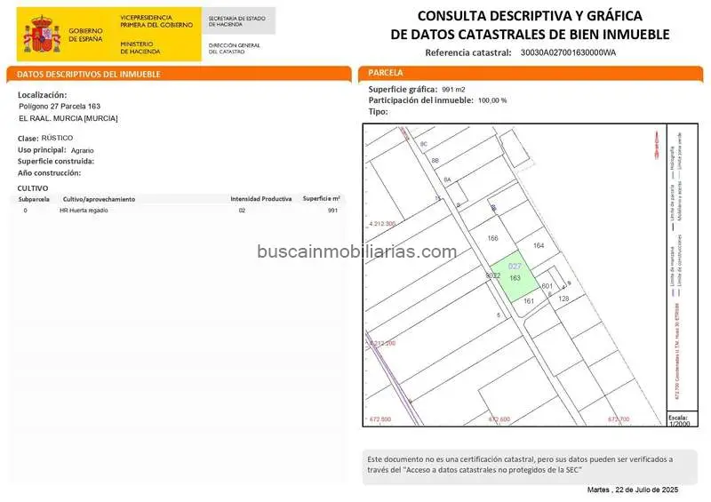 Parcela Rustica en Venta Murcia El Raal 1000m2